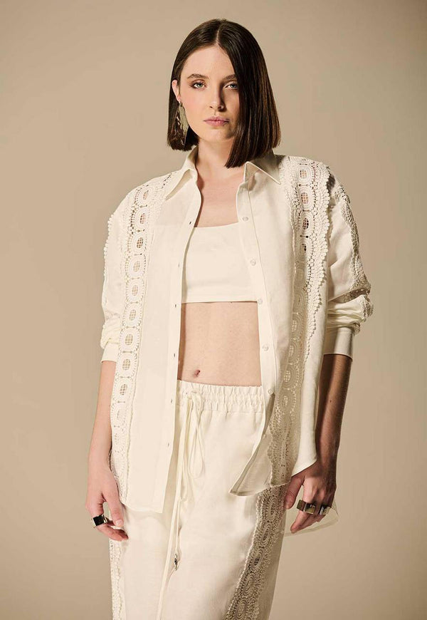 CONJUNTO CAMISA, TOP E CALÇA DETALHE RENDA POÁ