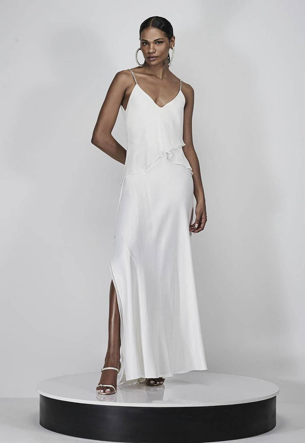 VESTIDO LONGO DE CETIM COM CHIFFON