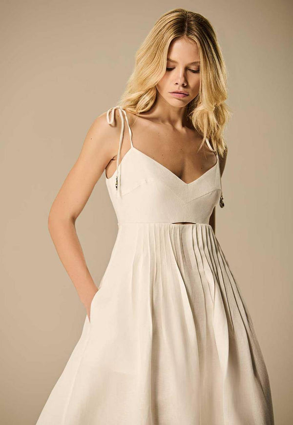 VESTIDO LINHO COM PREGAS FRENTE E COSTAS