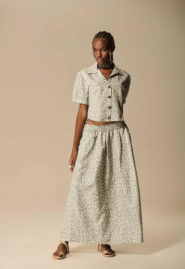 CONJUNTO CAMISA CROPPED E SAIA WASHED LEOPARD