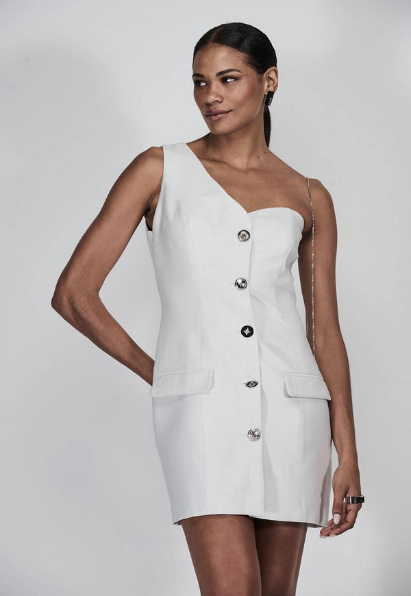 VESTIDO CURTO UM OMBRO SÓ DE ALFAIATARIA