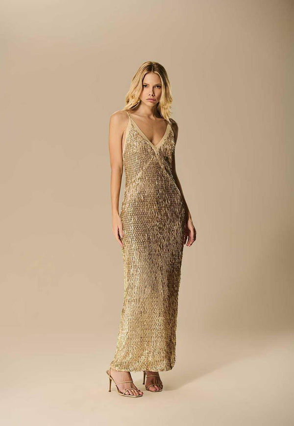 VESTIDO LONGO DECOTE V PAETE VIDRILHO