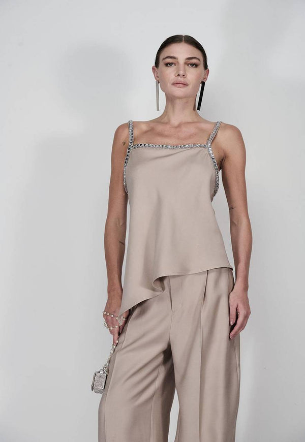 BLUSA ASSIMETRICA BORDADA STRASS STRIPS