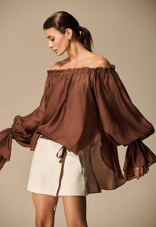 BLUSA ORGANZA OMBRO A OMBRO MANGA BUFANTE