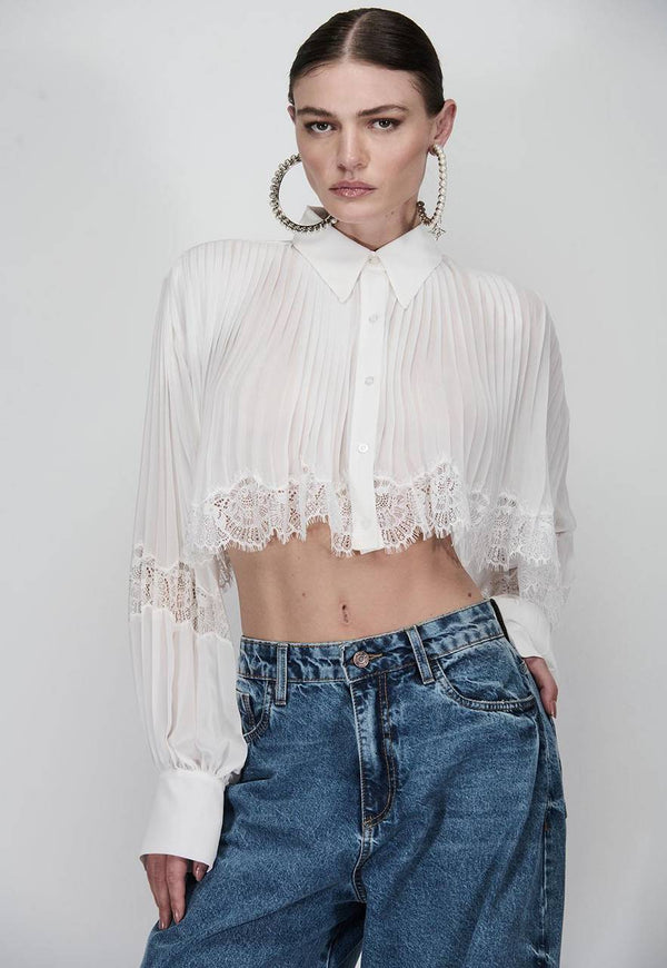 CAMISA CROPPED PLISSADA COM RENDA