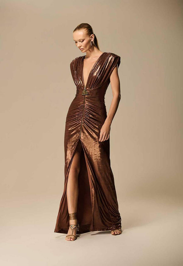 VESTIDO FRANZIDO FRENTE E COSTAS COM FENDA