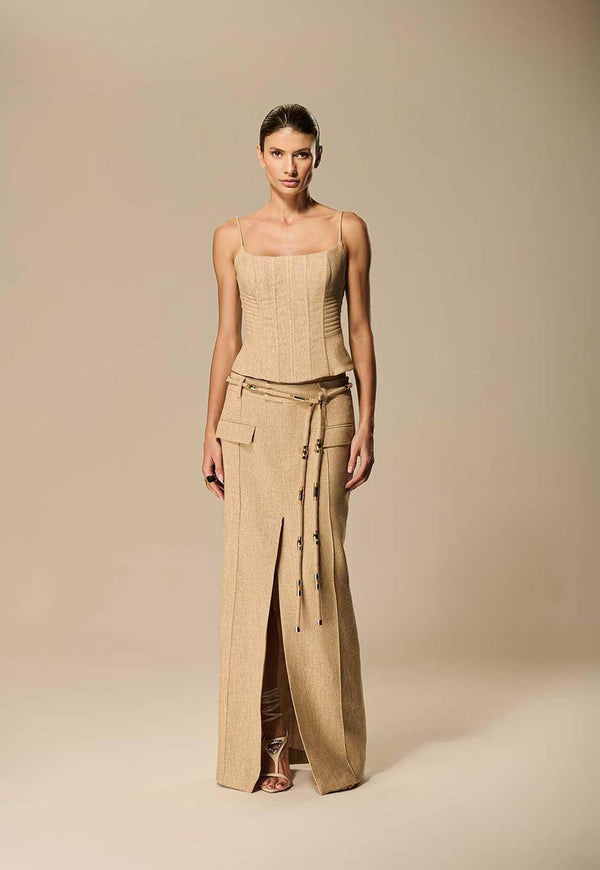 SAIA LINHO LUREX COM CINTO BORDADO