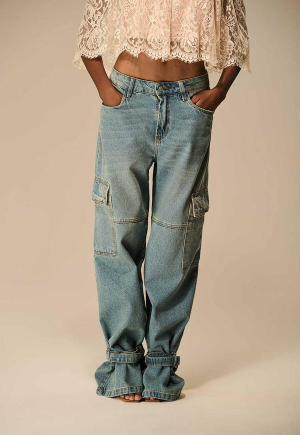 CALÇA JEANS CARGO AMARRAÇÃO BARRA
