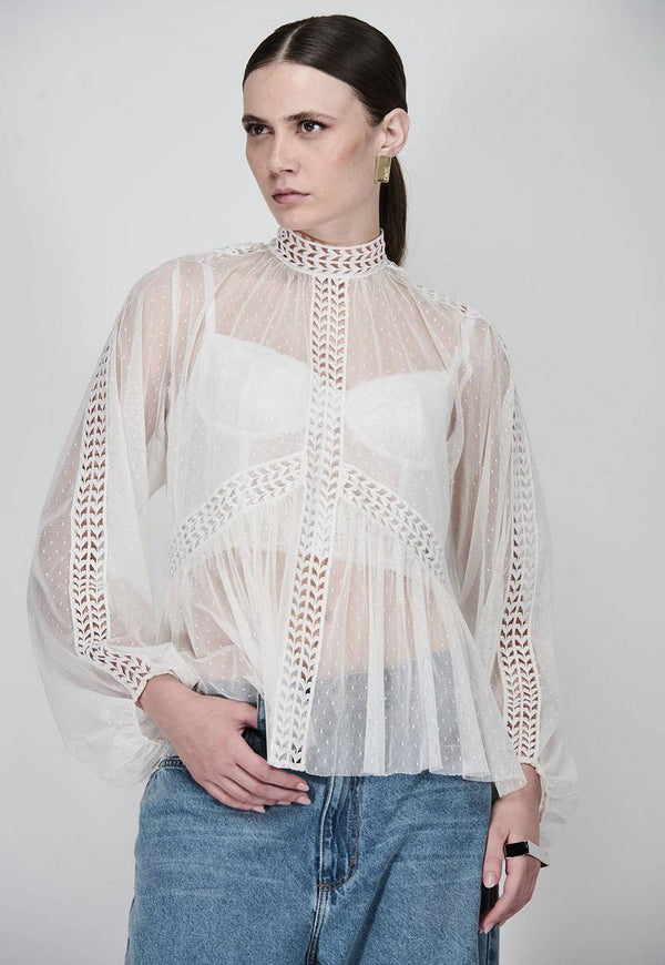 CONJUNTO BLUSA MANGA BUFANTE DE TULE POÁ E TOP DE RENDA