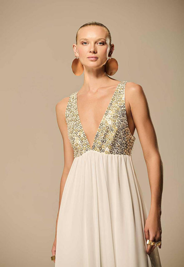 VESTIDO RECORTES BARRA SEQUINS MIX